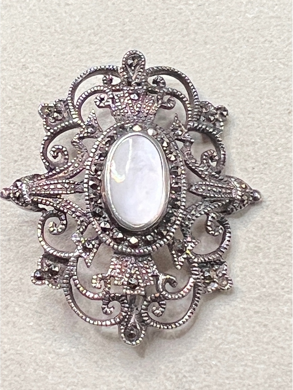 925 Sterling Silver Marcasite Mother of Pearl Filigree Brooch Vintage